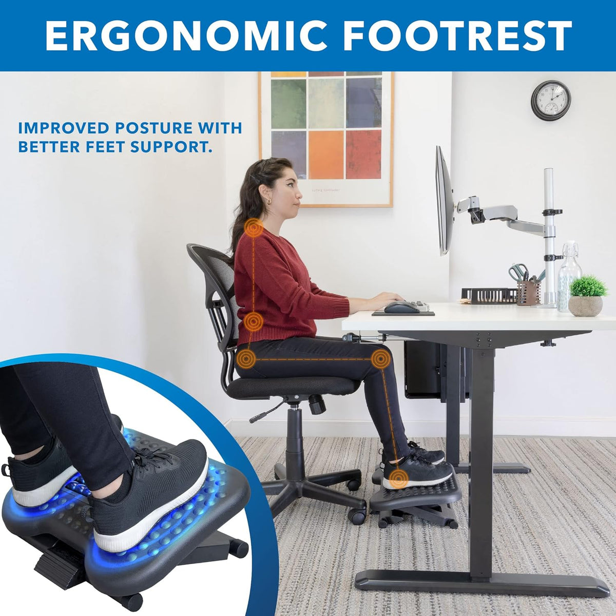 Ergonomic Under Desk Footrest with Massage Rollers