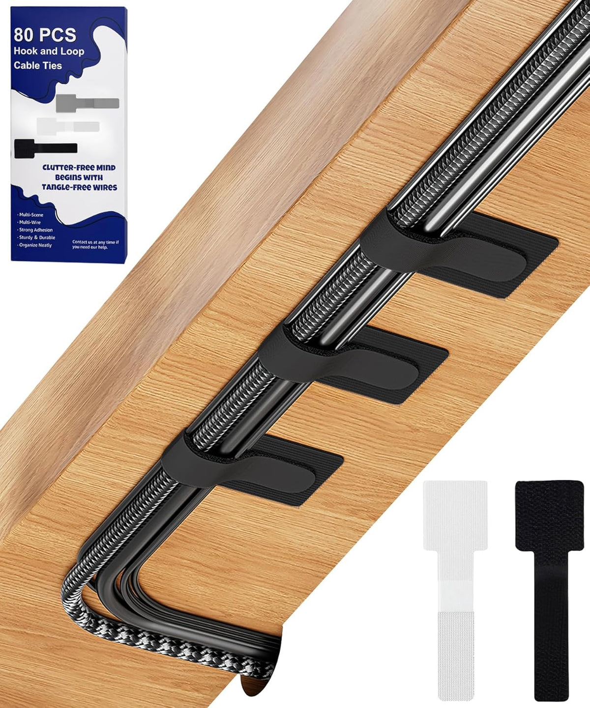 Hook and Loop Cable Ties, 80PCS
