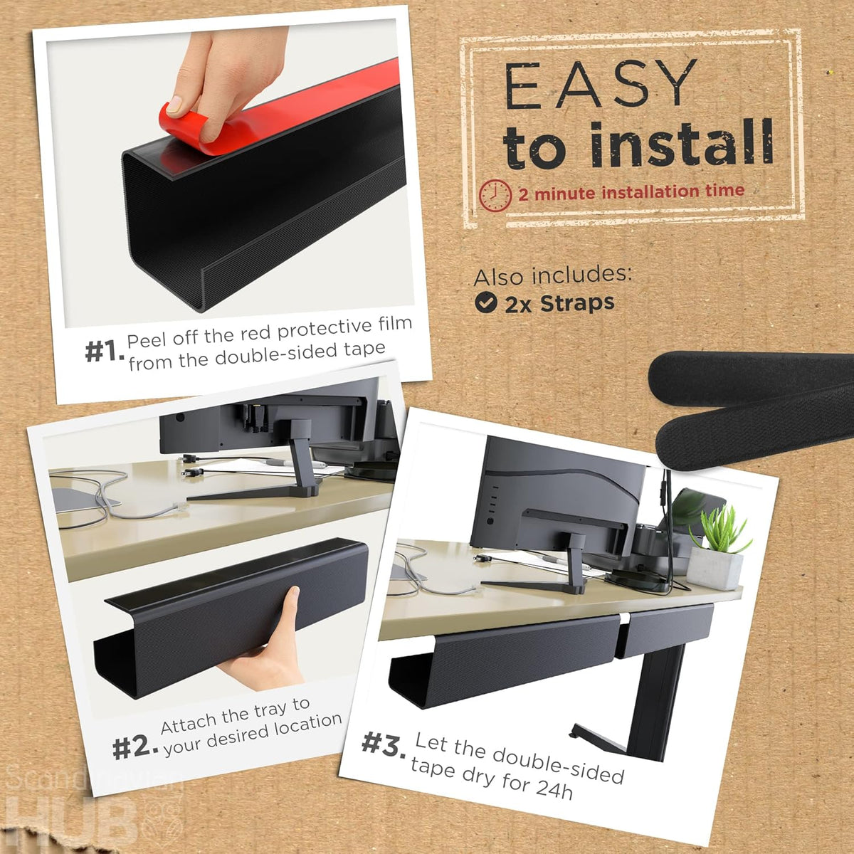 No-Screw Under Desk Cable Management Tray, Black