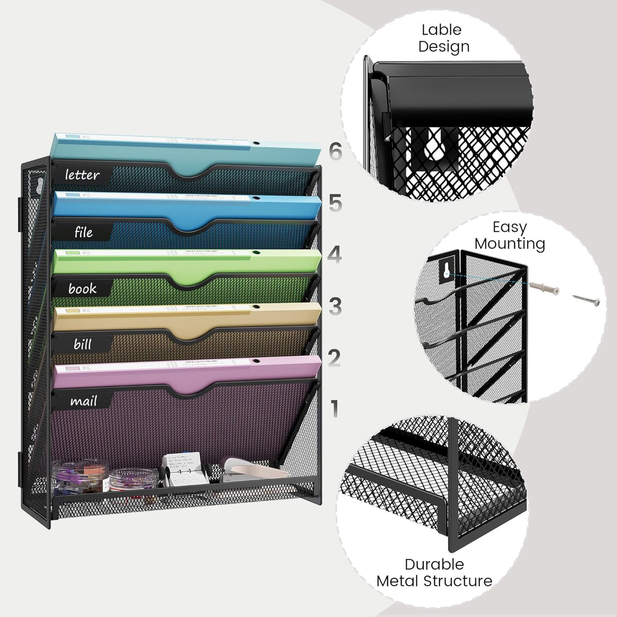 Hanging Wall File Organizer 6-Tier Wall Mount Mail Organizer & Desk