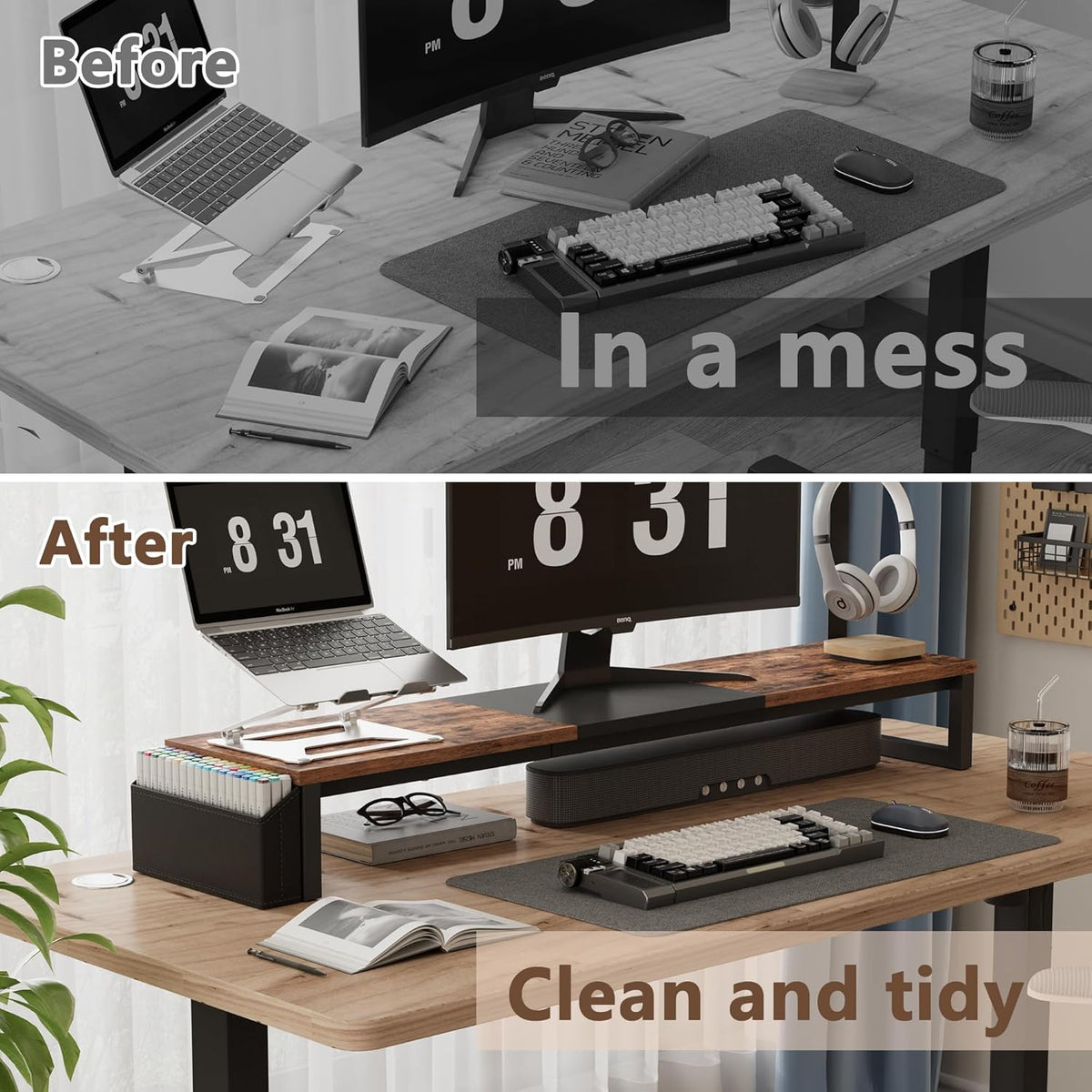 Dual Monitor Stand Riser, Brown, Wood