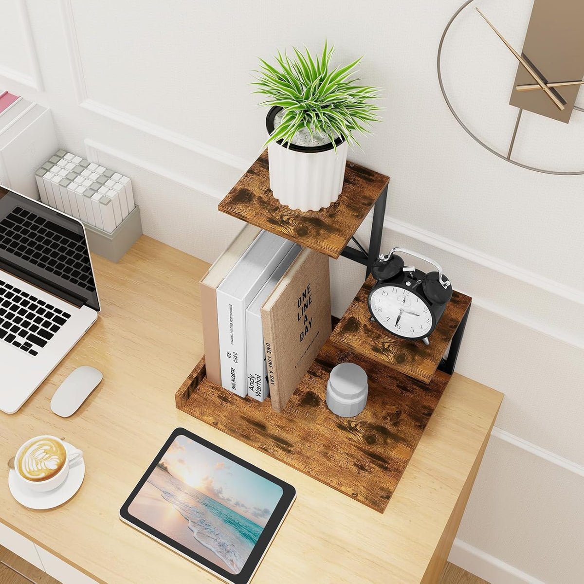 Desk Shelf Organizer, Wood Desktop Organizer Small Bookshelf