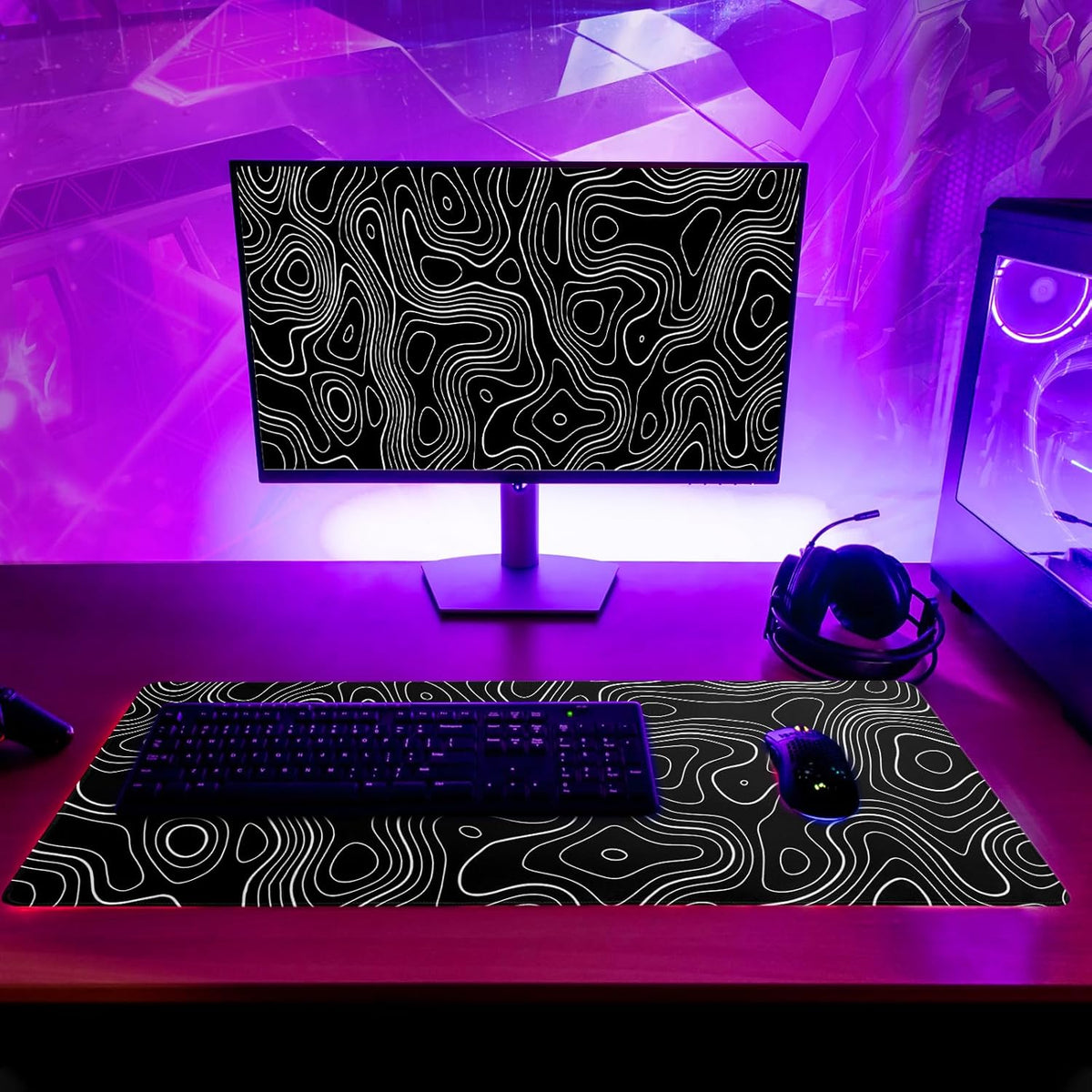 Topographic Contour Gaming Mouse Pad Black Large Mouse Pad
