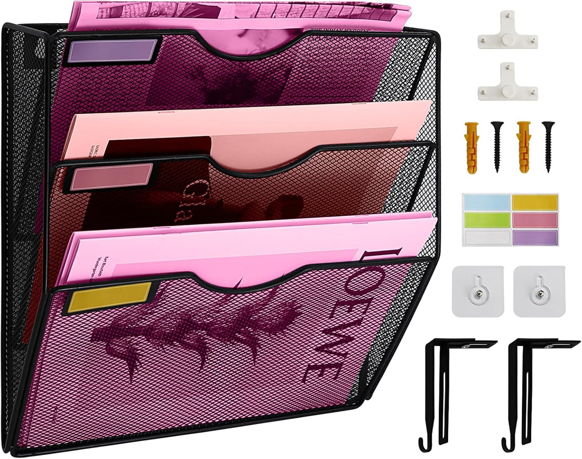 3 Pockets Mesh Wall File Holder Organizer Office Hanging File Folder