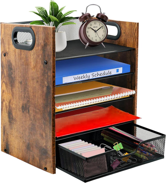 Wood Desk Organizer, 5-Tier Desktop File Organizer with Drawer