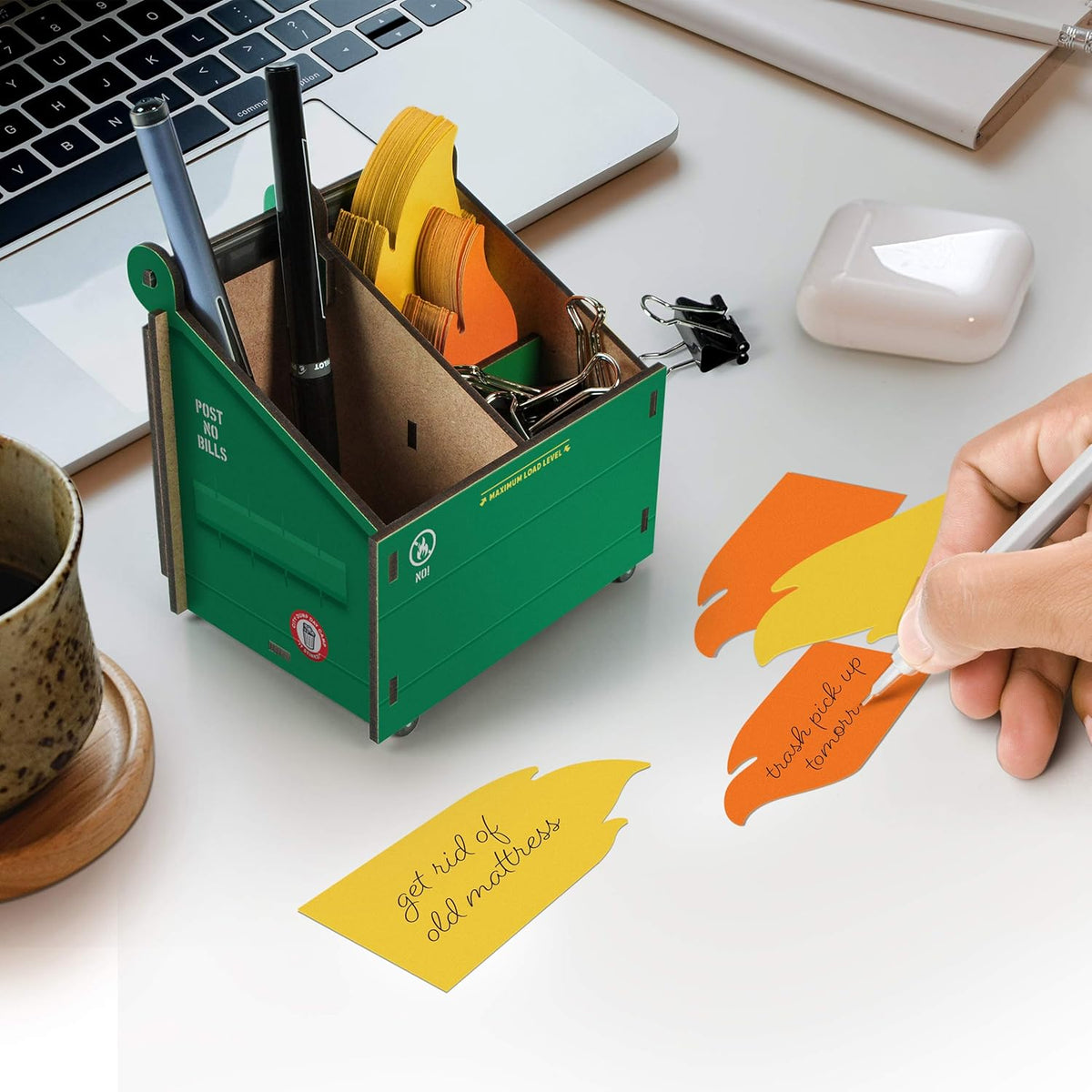 Desk Dumpster Pencil Holder with 100+ Flame Note Cards