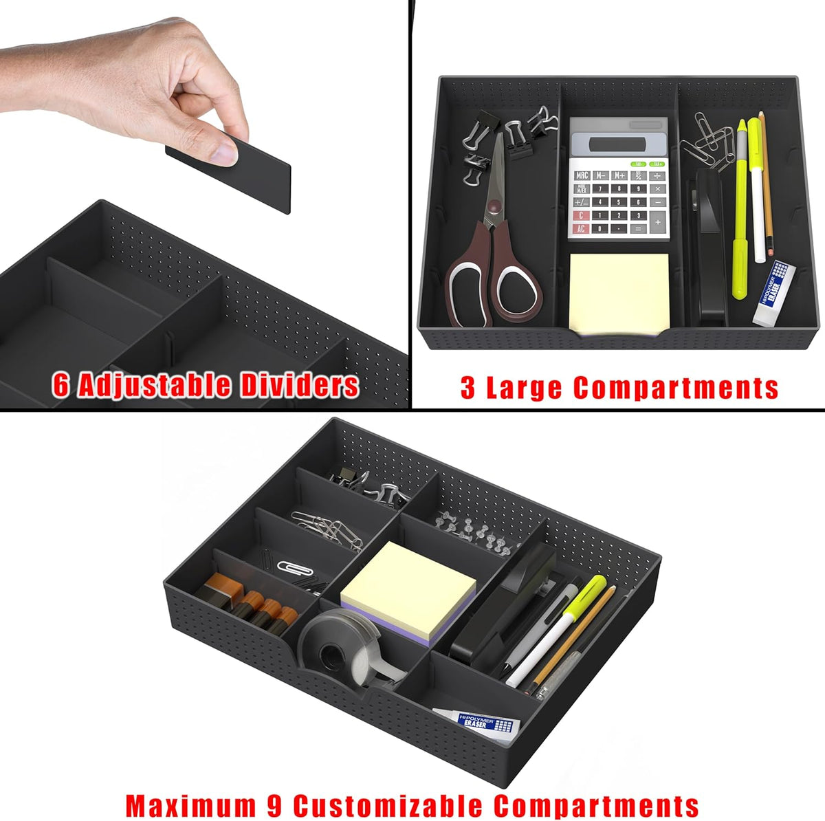 Drawer Organizer Tray with 9 Adjustable Compartments, Black
