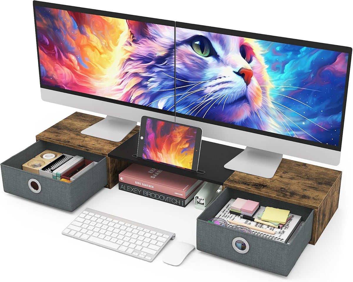 Dual Monitor Stand Riser with Two Drawers
