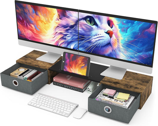 Dual Monitor Stand Riser with Two Drawers