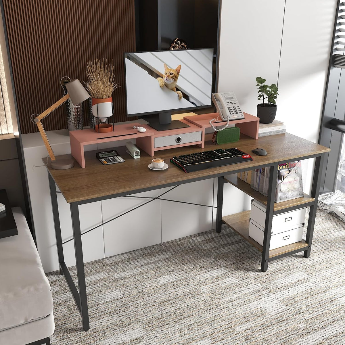 Dual 3 Shelf Computer Riser with Drawer