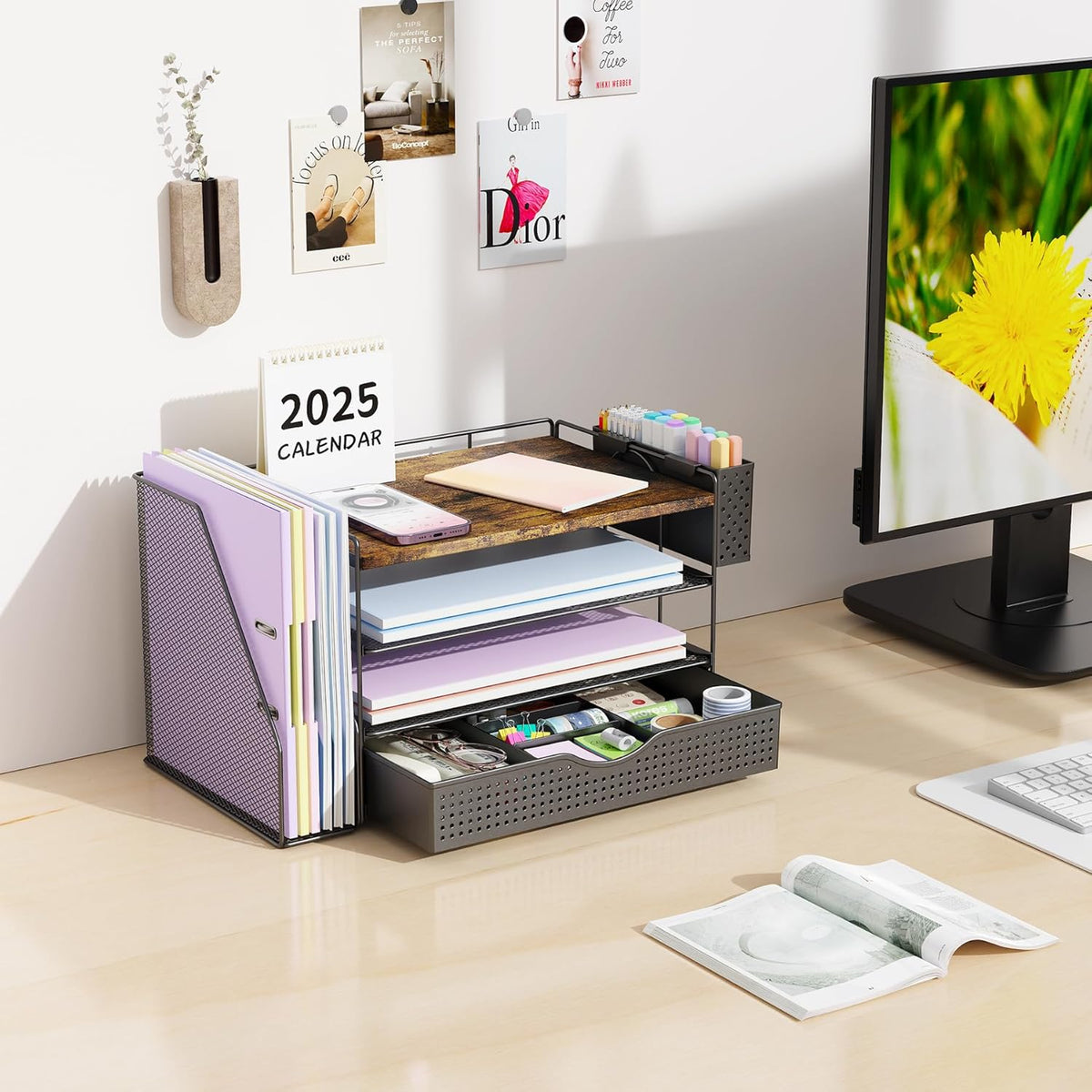 Wood Desk Organizers and Accessories with File Holder, 4-Tier