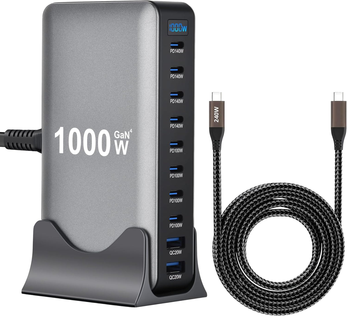 1000W 10-Port GaN 4 Desktop Charging Station with 240W 6.6 ft Data