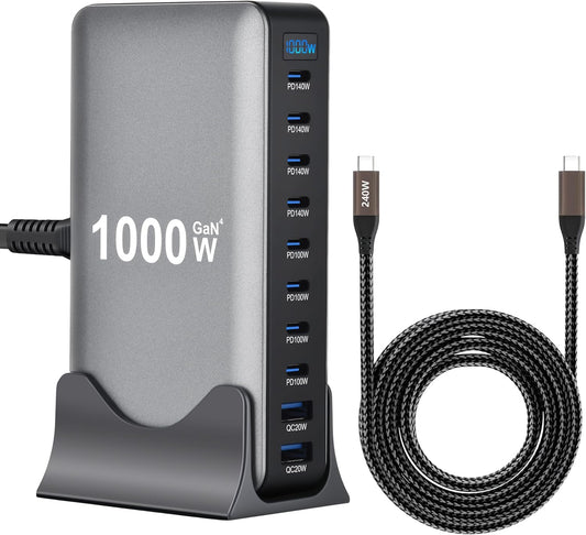 1000W 10-Port GaN 4 Desktop Charging Station with 240W 6.6 ft Data