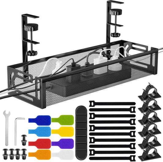 No Drill Under Desk Cable Management Tray, Black