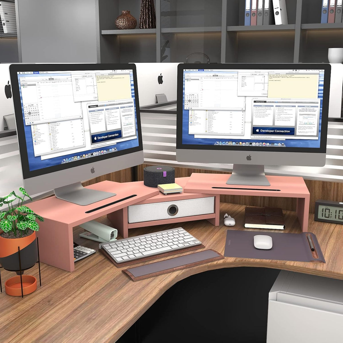 Dual 3 Shelf Computer Riser with Drawer