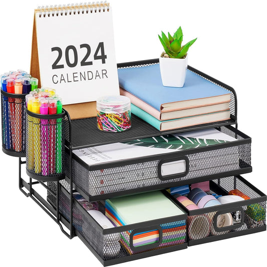 3 Tier Mesh Desk Organizer with Drawer