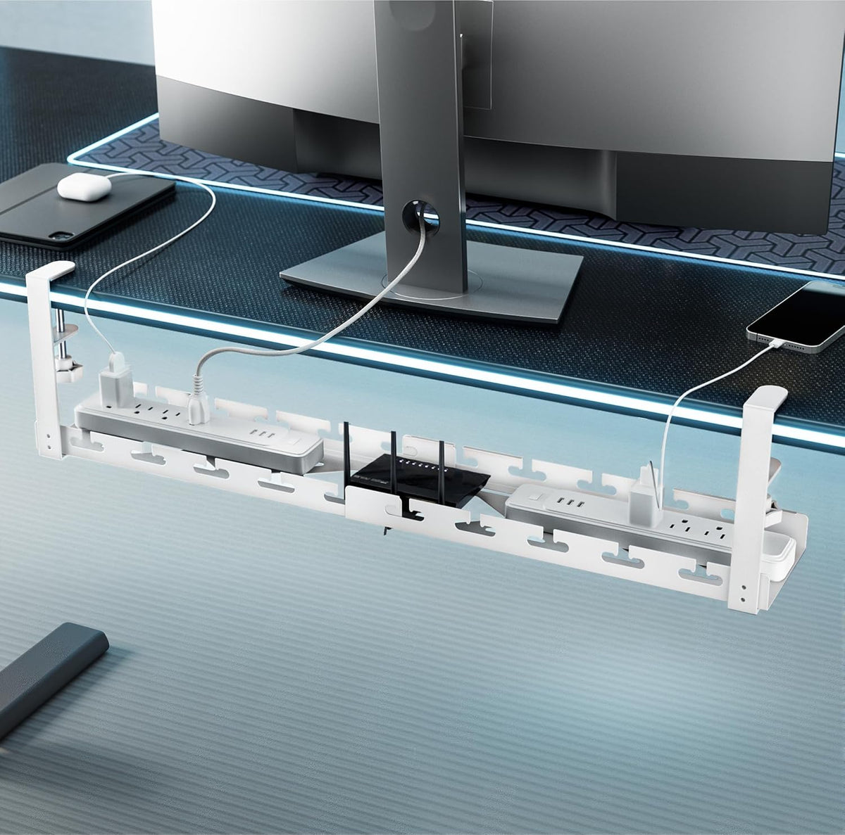 17"-28.7" Extendable Under Desk Cable Management Tray with Cable Slots