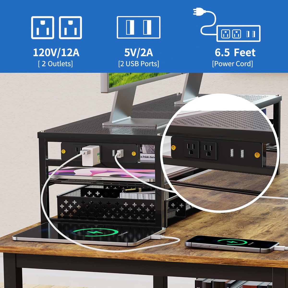 2 Tier Metal Monitor Stand Riser with USB 2.0 and Charging Prot