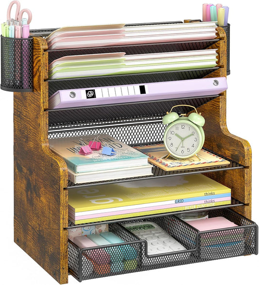 6-Tier Mesh Desk Organizer with Drawer
