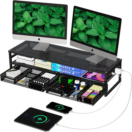 2 Tier Metal Monitor Stand Riser with USB 2.0 and Charging Prot