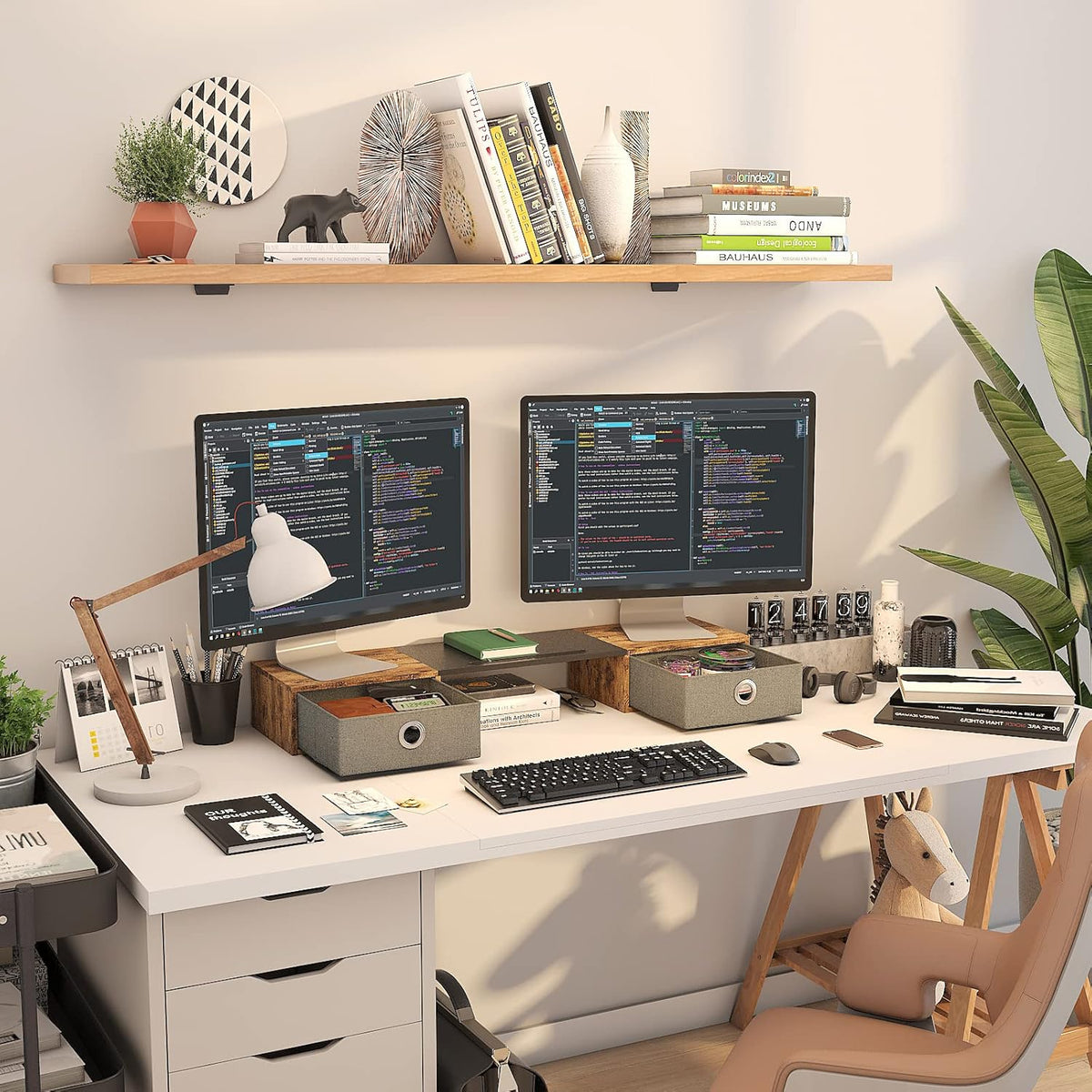 Dual Monitor Stand Riser with Two Drawers