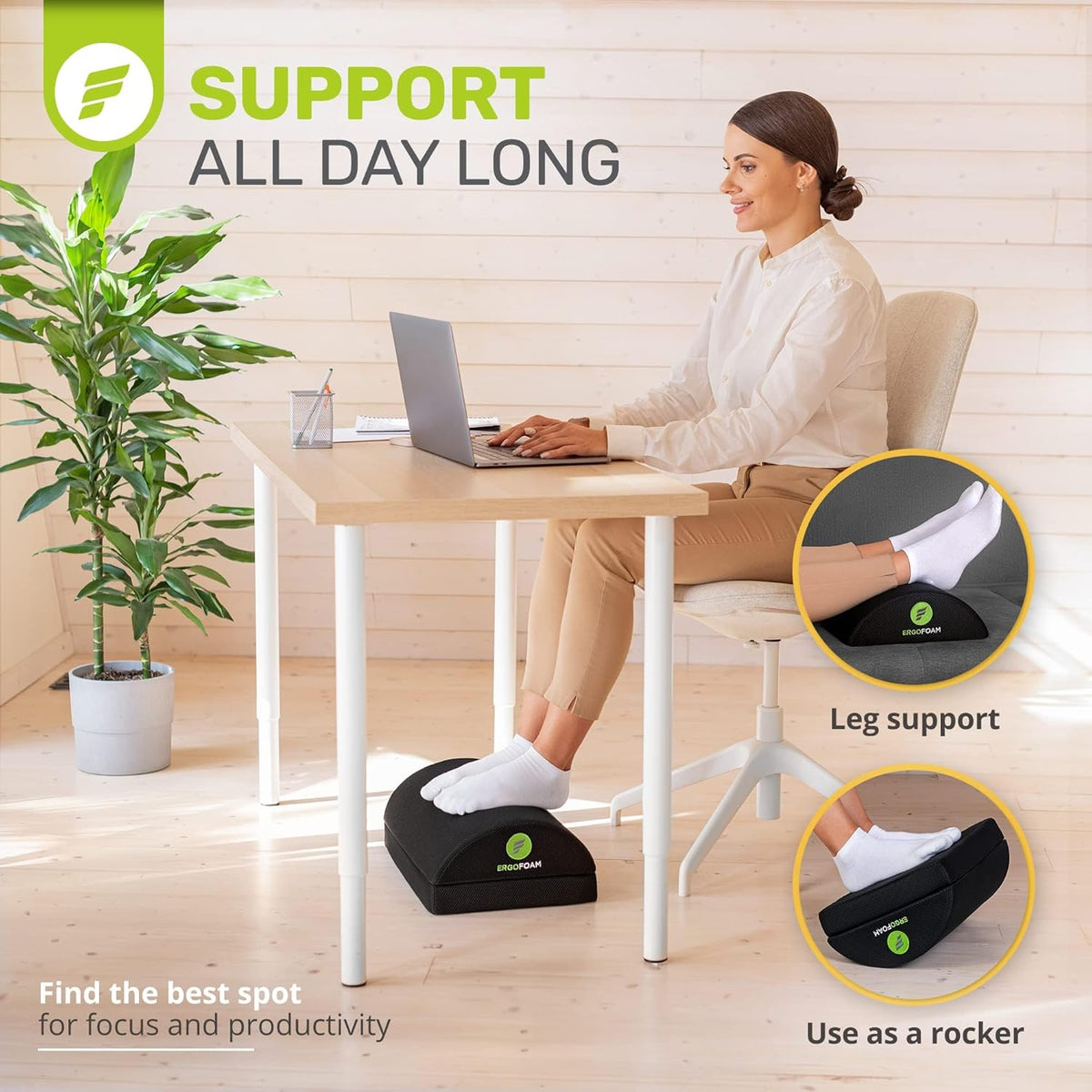 ErgoFoam Foot Rest for Under Desk at Work Adjustable - Chiropractor-Endorsed, High-Density Foam, Velvet (Black)