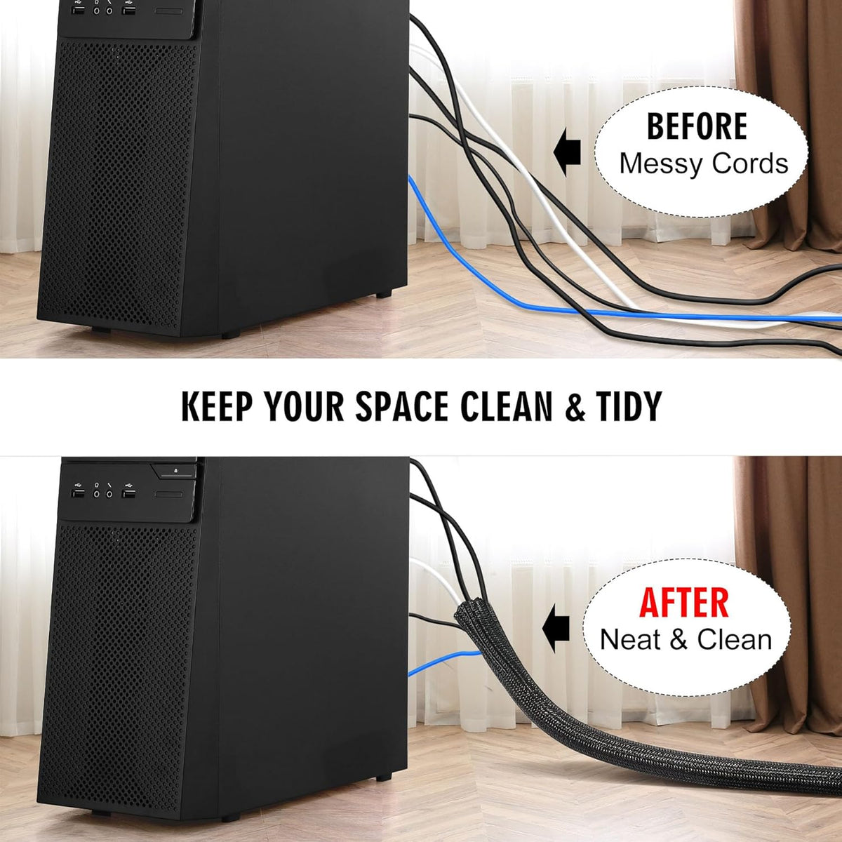 10ft - 1/2 inch Cord Protector Cable Sleeve Split Wire Loom Tubing for Power Cord Audio USB Cable, Cord Sleeve Cable Management for TV Computer, Cord Protectors from Pets Chewing, Black