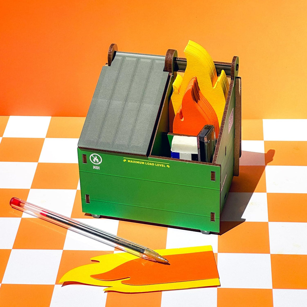 Desk Dumpster Pencil Holder with 100+ Flame Note Cards