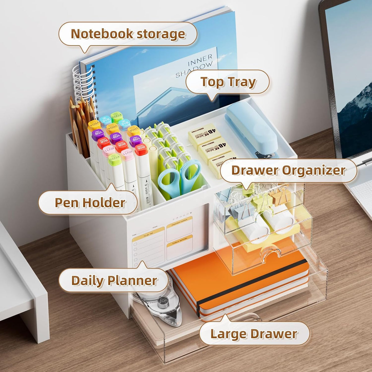 Desk Organizer with 3 Drawer, White