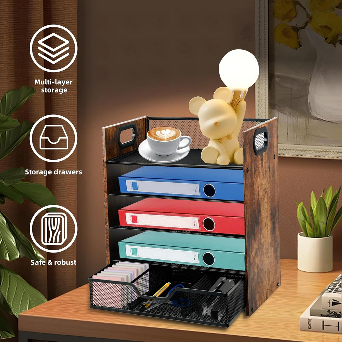 Wood Desk Organizer, 5-Tier Desktop File Organizer with Drawer
