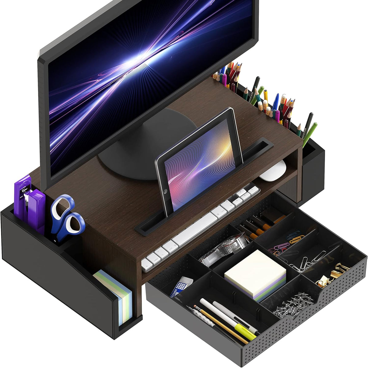 Desk Monitor Stand Riser with Adjustable Organizer tray, Espresso