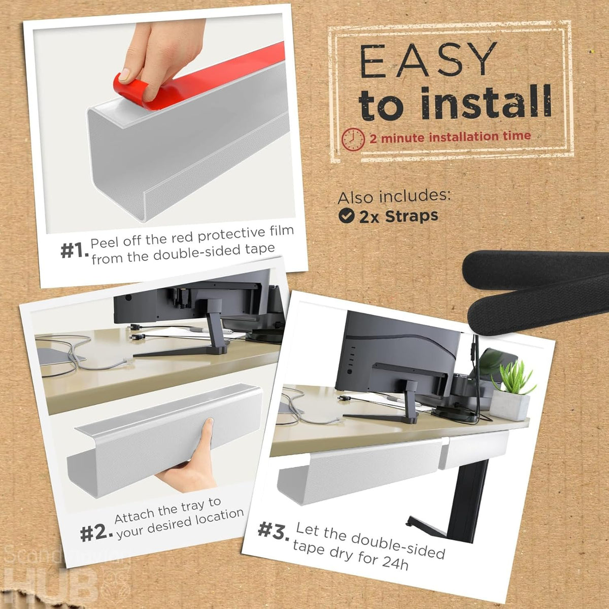 No-Screw Under Desk Cable Management Tray, White