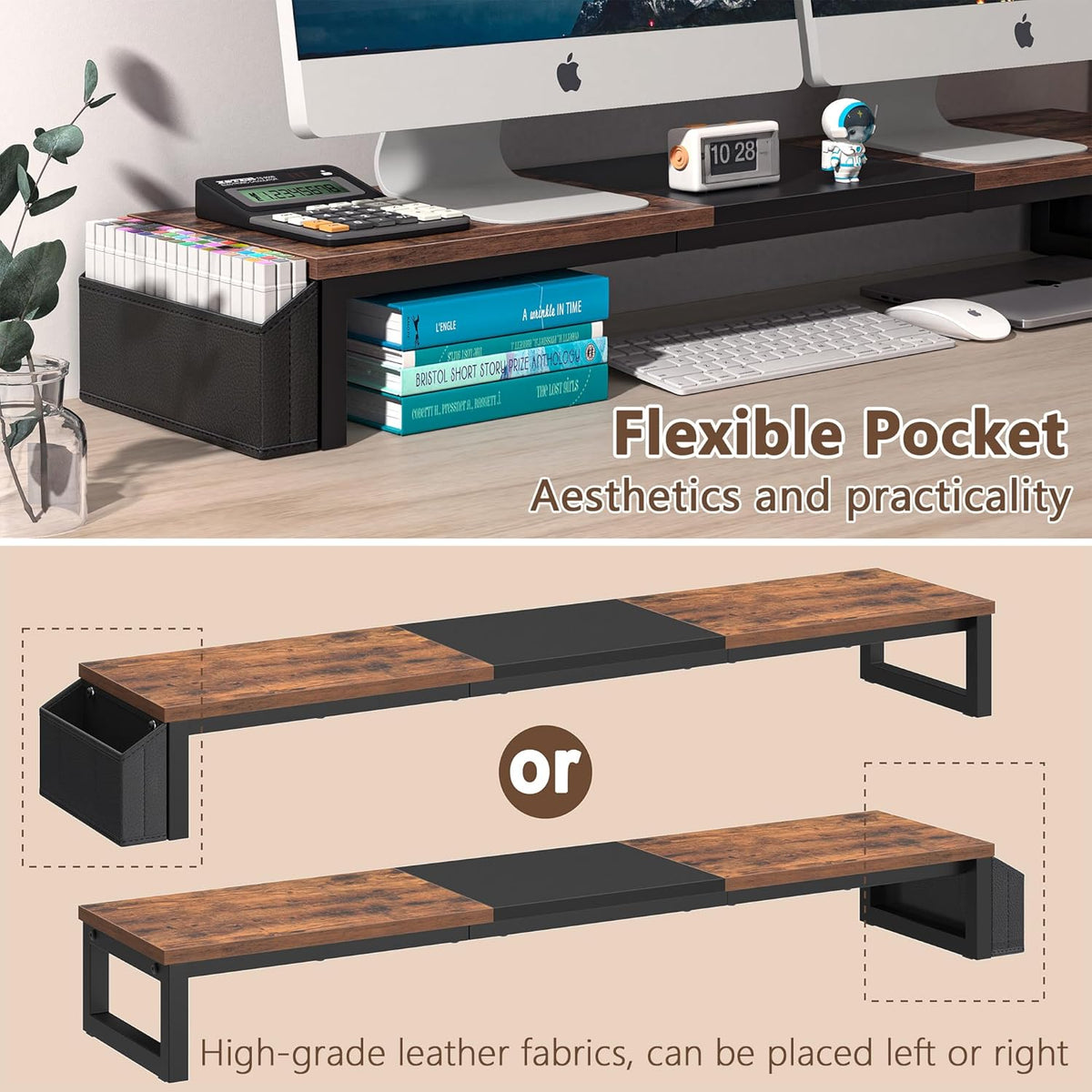 Dual Monitor Stand Riser, Brown, Wood