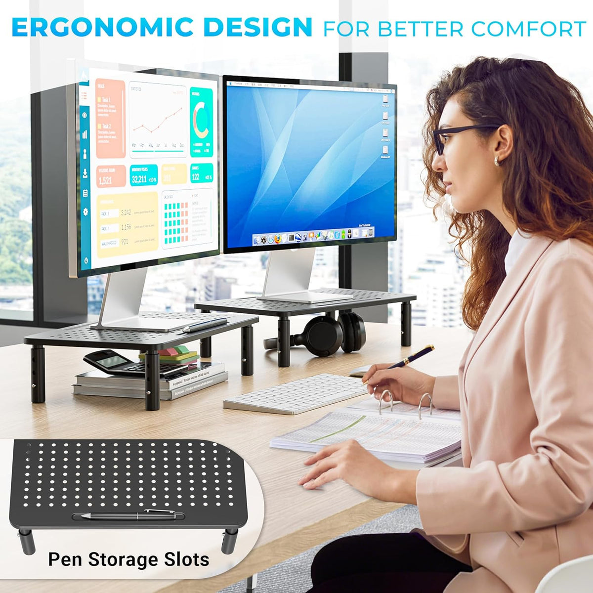 Monitor Stand Height Adjustable Metal Riser with Pen Holder, 2 Pack