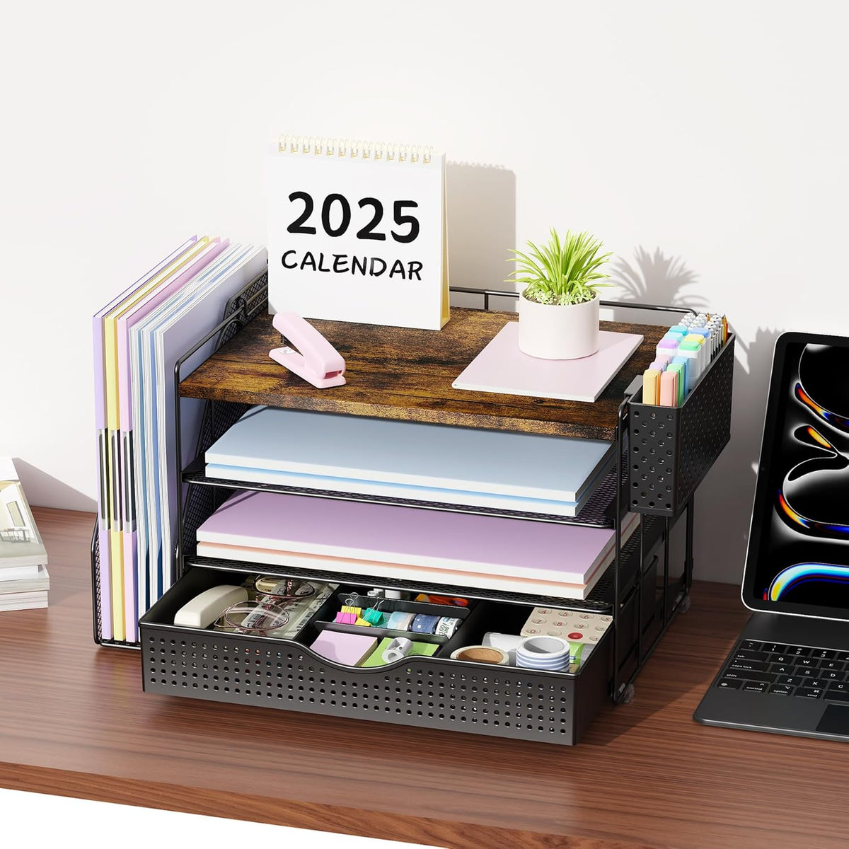 Wood Desk Organizers and Accessories with File Holder, 4-Tier