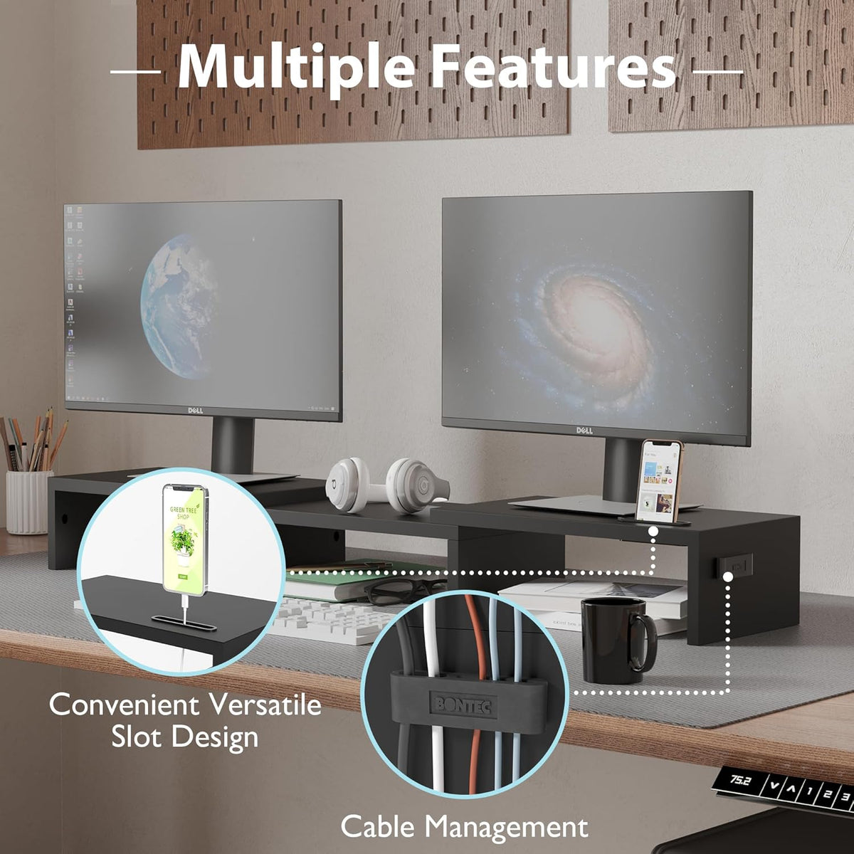 Dual Monitor Stand Riser with Smartphone Holder, Black