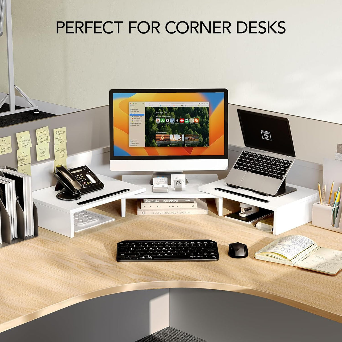 Dual Monitor Stand Riser- 3 Shelf Screen Stand with Adjustable Length, White