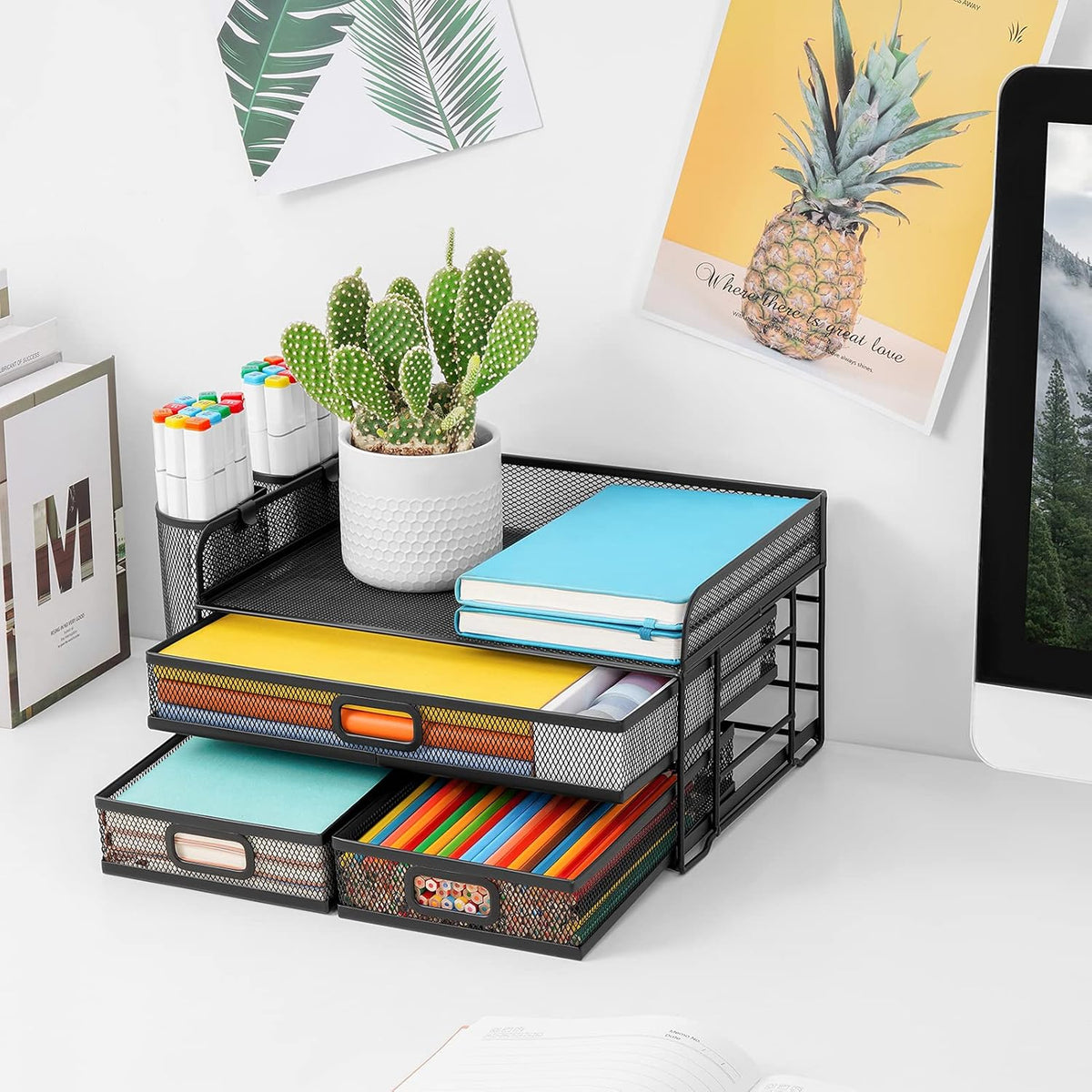 3 Tier Mesh Desk Organizer with Drawer