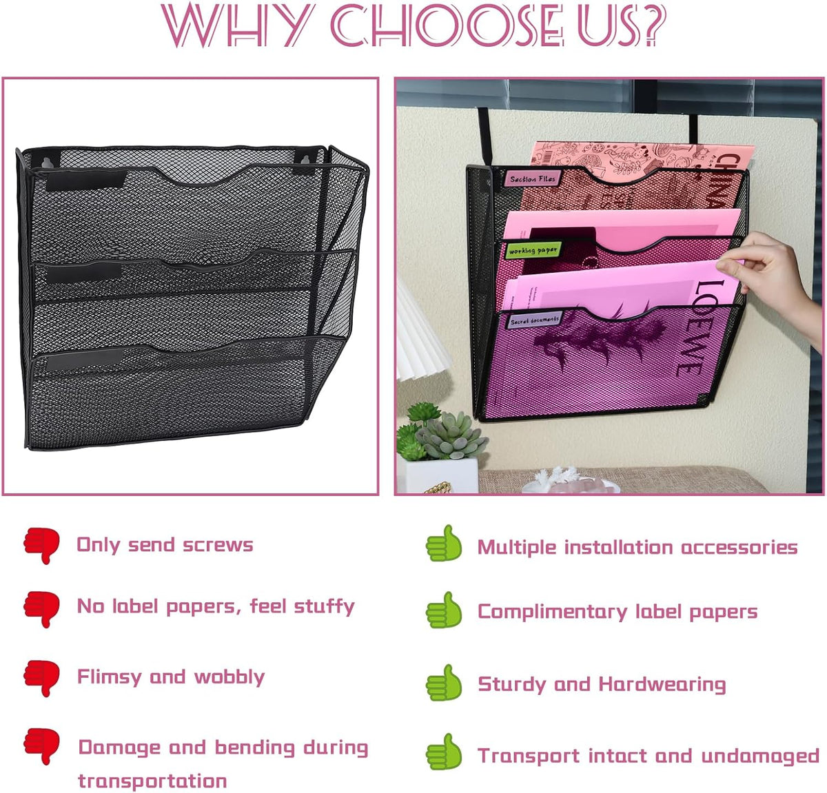 3 Pockets Mesh Wall File Holder Organizer Office Hanging File Folder