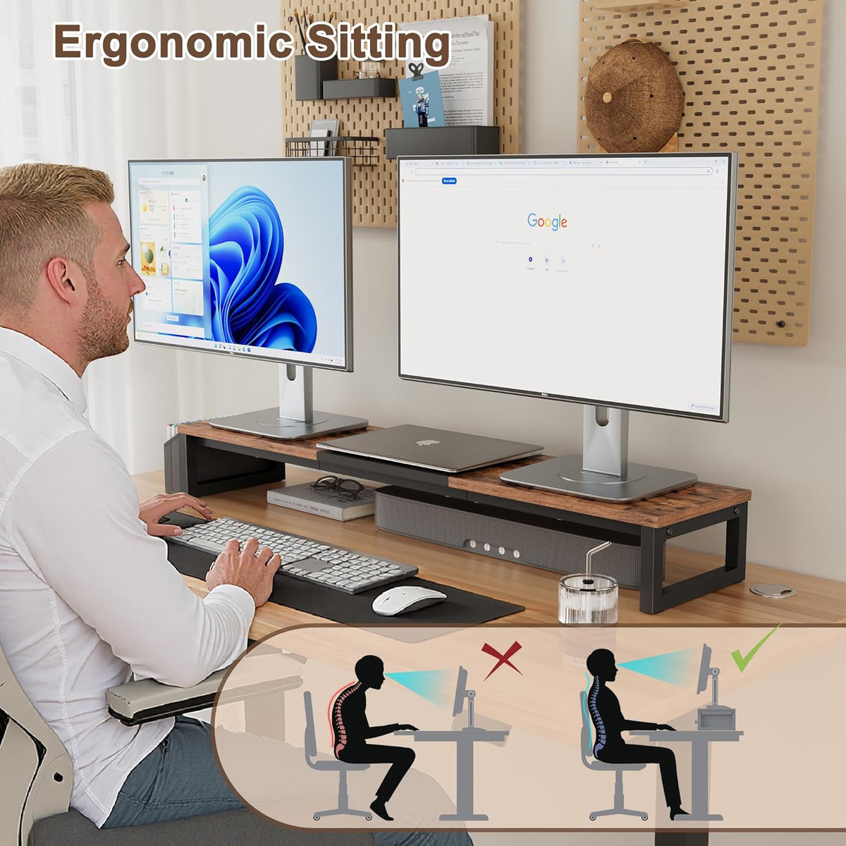 Dual Monitor Stand Riser, Brown, Wood