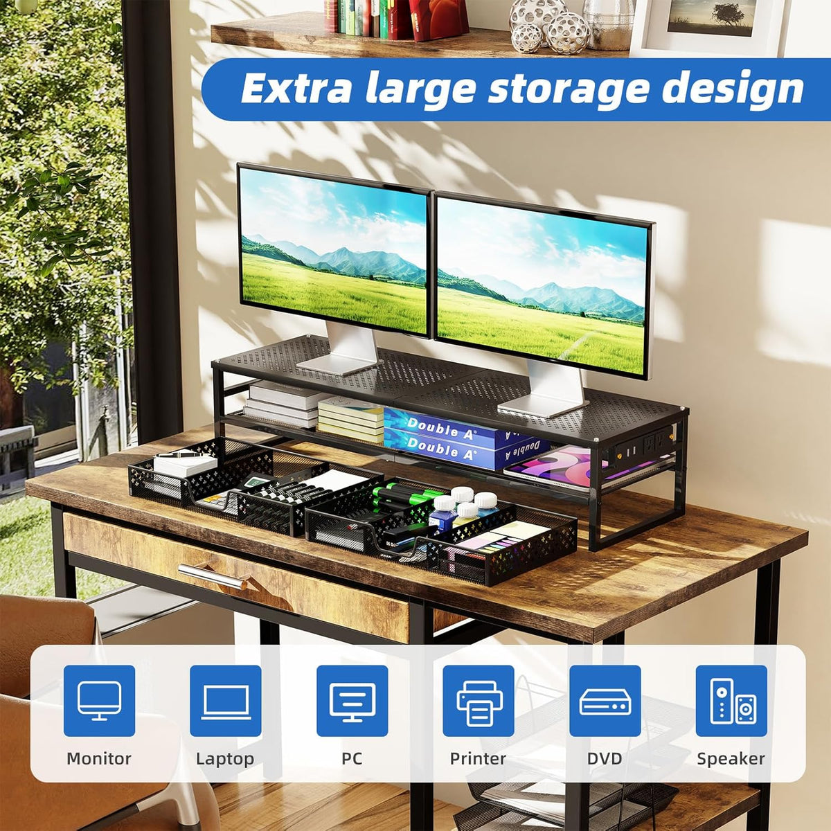2 Tier Metal Monitor Stand Riser with USB 2.0 and Charging Prot