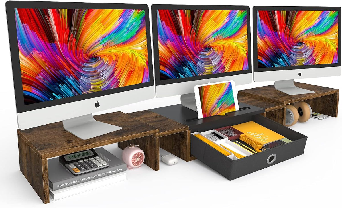 Triple Dual Monitor Stand Riser with Drawer