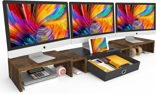 Triple Dual Monitor Stand Riser with Drawer