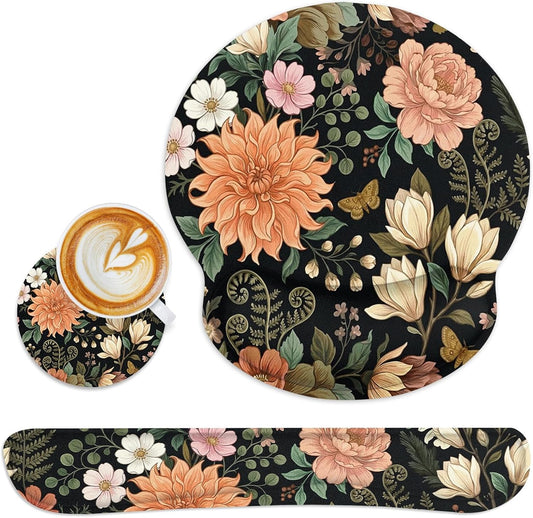 Spring Flower Leaves Floral Colorful Ergonomic Mouse Pad Set