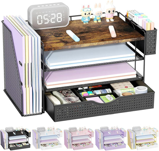 Wood Desk Organizers and Accessories with File Holder, 4-Tier