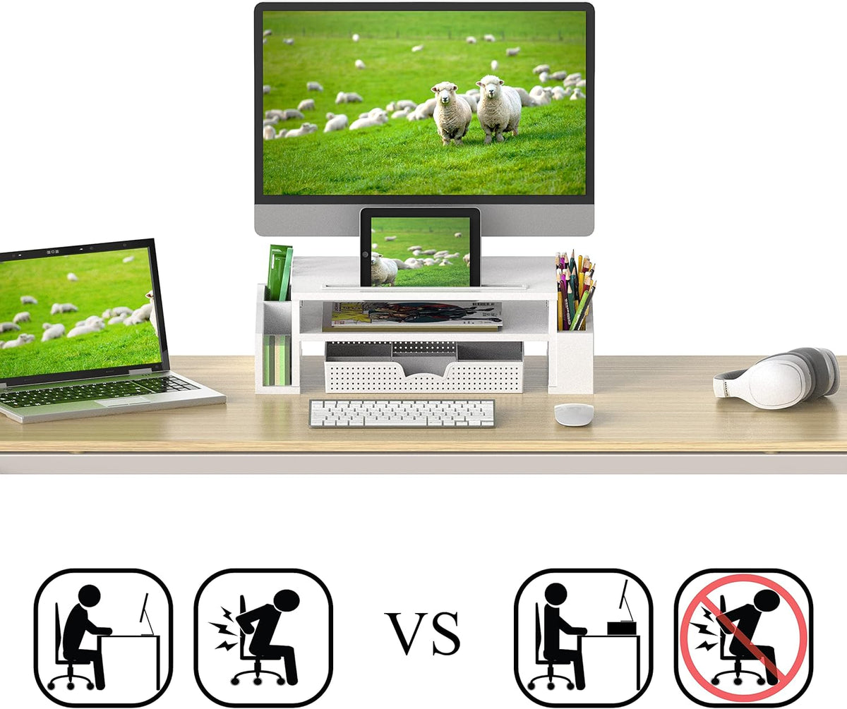 Desk Monitor Stand Riser with Adjustable Organizer Tray, White