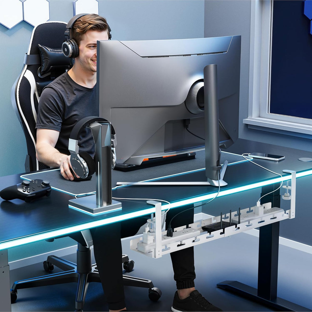 17"-28.7" Extendable Under Desk Cable Management Tray with Cable Slots