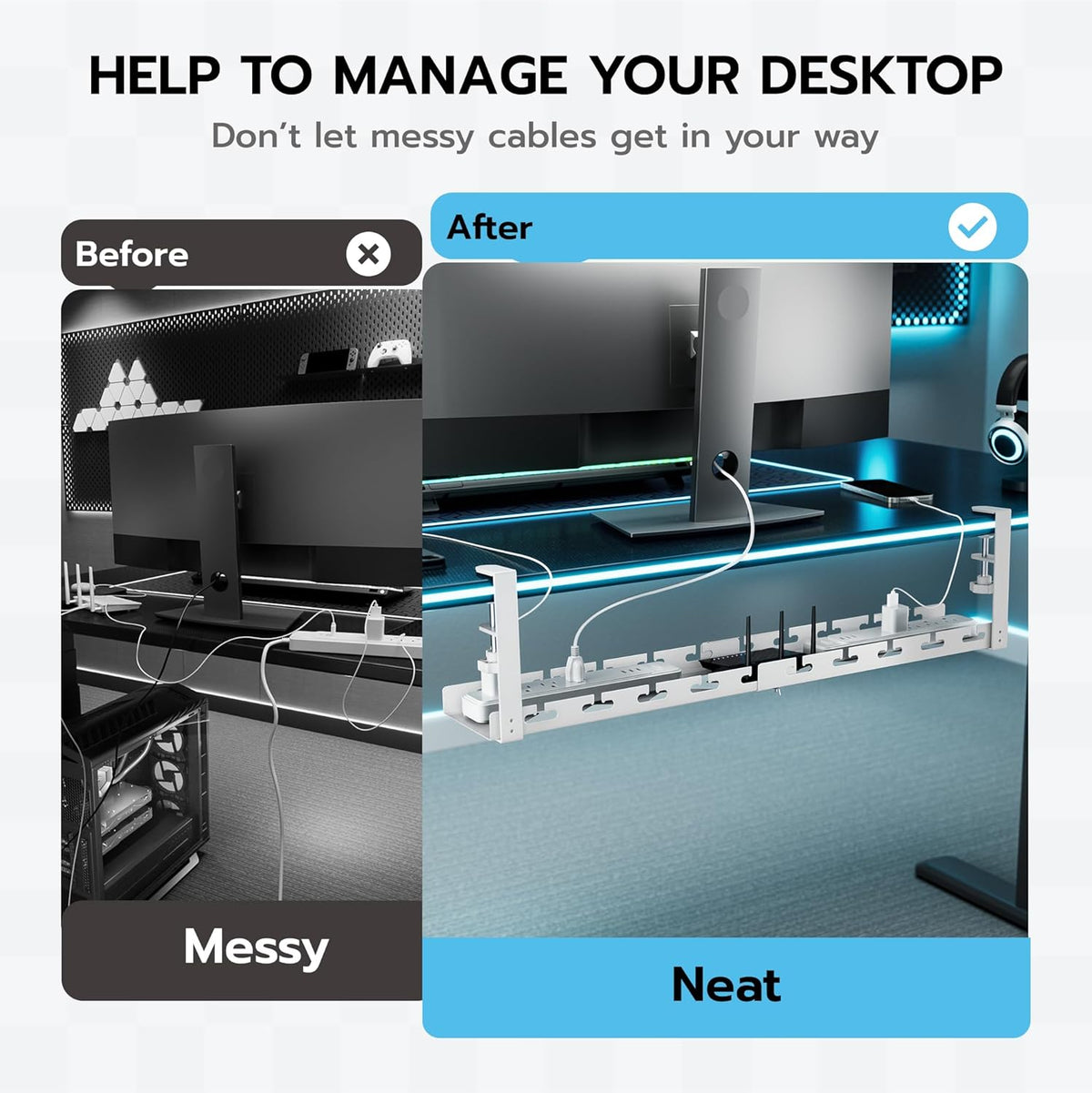 17"-28.7" Extendable Under Desk Cable Management Tray with Cable Slots