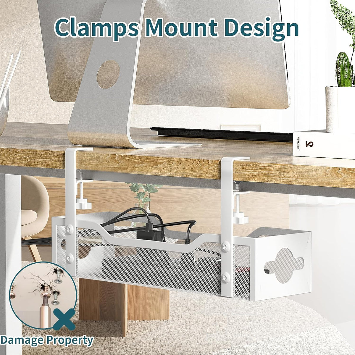 Under Desk Cable Management Tray No Drill, White