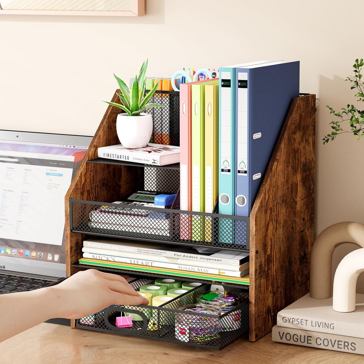 Wooden Desk Organizer, Mesh File Organizer with Drawers and Pen Holder